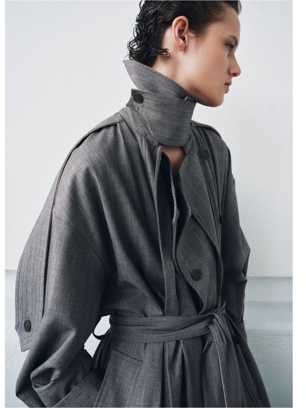 Zara Gray Trench Coat with Belt and High Collar